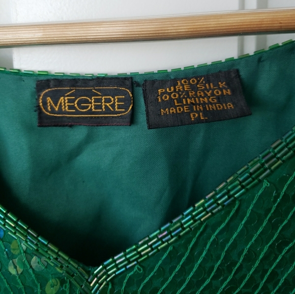 Vintage Megere Silk Green Sequins Dress Size PL Christmas New Years Long Sleeve - Picture 2 of 3